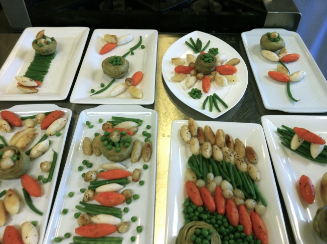 Turned and cooked vegetables - plated by the students
